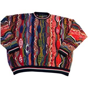 Cotton Traders Men XL 3D Knit Sweater Multi Color Abstract Coogi Style 90s Retro